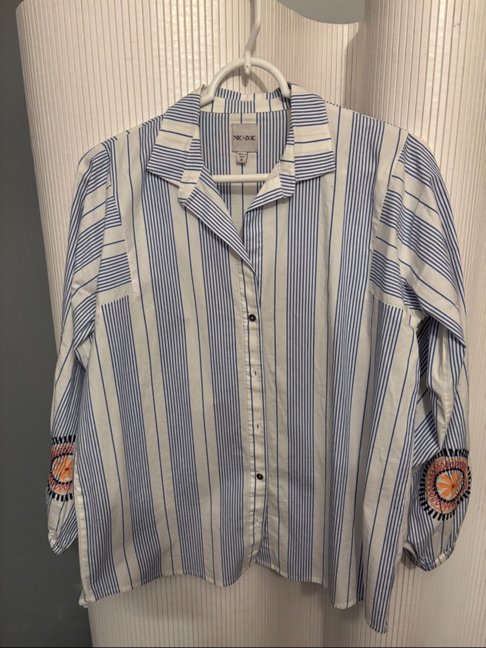 NIC+ZOE Blue and White Striped Button-Up Shirt with Embroidered Sleeves